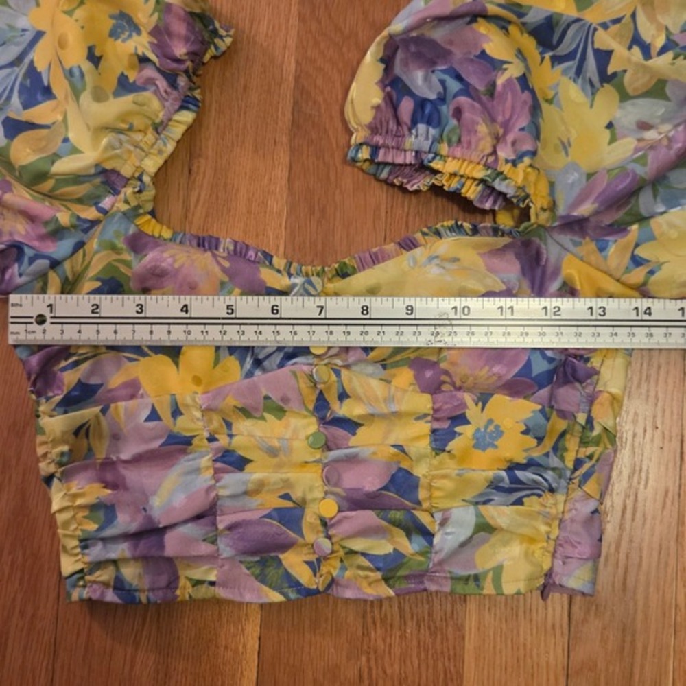 For Love & Lemons Cassia Blue Yellow Purple‎ Floral Print Cropped Top, Sz XS - Picture 8 of 12